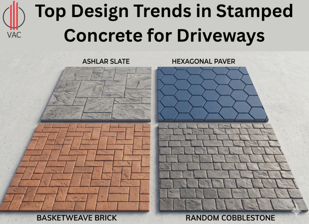 Top Stamped concrete driveway trends with a natural stone pattern, combining durability and aesthetic appeal.
