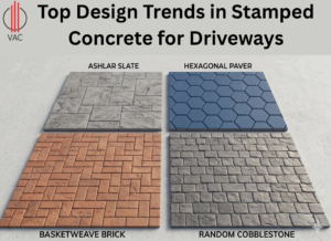 Top Stamped concrete driveway trends with a natural stone pattern, combining durability and aesthetic appeal.