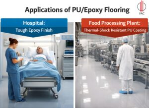 Clean and smooth PUEpoxy Flooring in a hospital room and in a food processing plant